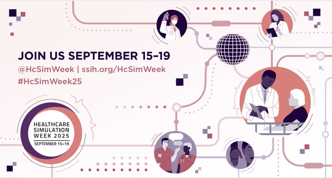Alt text: Graphic promoting Healthcare Simulation Week 2025. Text reads: “Rehearsal for Authenticity Demo Simulation. Sept. 17, 2025 · 8:30–10:00 AM CT · Virtual via Zoom. Hosted by UIC’s Simulation and Integrative Learning Institute.” Background includes abstract healthcare and simulation-themed imagery.