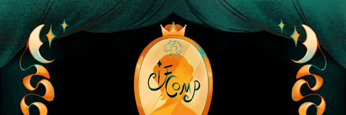 The IFComp 2025 logo is an ornate gold-framed mirror with a silhouetted profile, stylized text that says ‘IFComp,’ with a crown, stars,  and moons, framed by draped turquoise curtains.