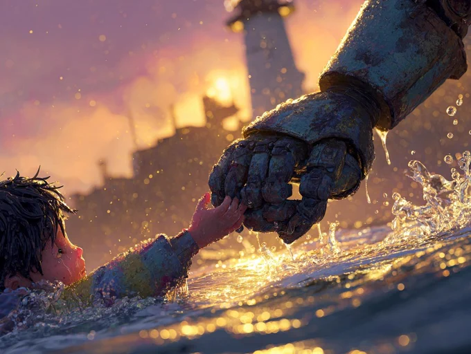 Close-up at dusk of a boy’s hand clasping a small robot’s hand, pulling it from rough sea, with a warm lighthouse glow in the distance.