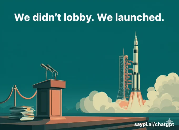 Empty podium and scattered letters behind a velvet rope; a rocket launches in the distance. Text: “We didn’t lobby. We launched.” URL: saypi.ai/chatgpt.