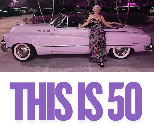 Stephanie stands in front of a lavendar 1950 Buick. "This is 50" is written below the photo.