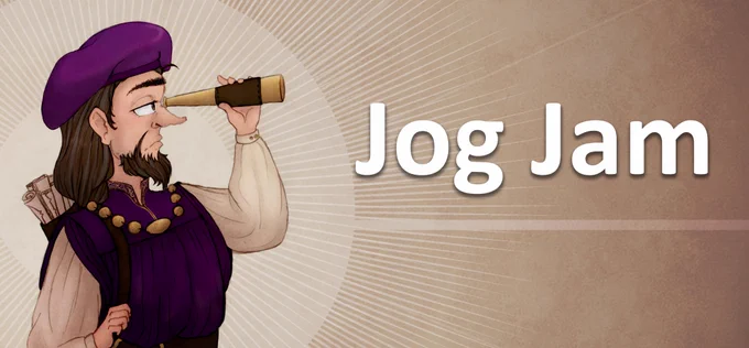An image of a person in Renaissance clothing in profile looking through a telescope at the words "Jog Jam"