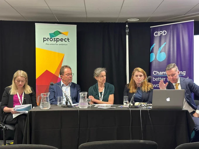 Panel on the Employment Rights Bill at TUC conference featuring Alison McGovern MP, Joanne Thomas, General Secretary of USDAW, CIPD's Peter Cheese and prospect's Mike Clancy. Chaired by the FT's Delphine Strauss