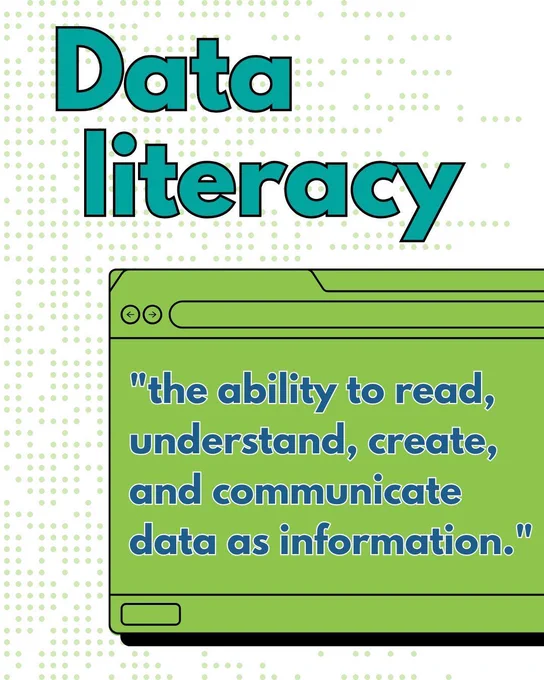 Graphic titled 'Data literacy' in large teal letters at the top. Below, inside a green web browser illustration, is a definition: 'the ability to read, understand, create, and communicate data as information