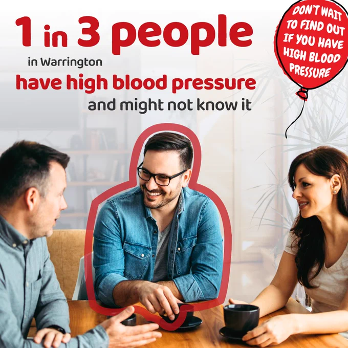 a group of three people. A red line is drawn round one of the three people highlight they have high blood pressure.