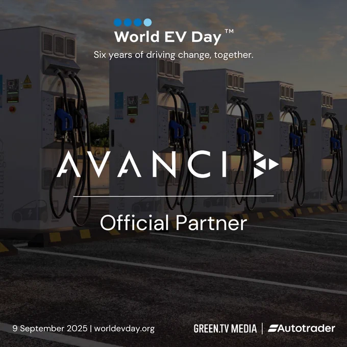 Promotional graphic for World EV Day™ 2025, announcing Avanci as an Official Partner. The background features a row of EV fast charging units with cables hanging ready for use. The Avanci logo is centered, with the tagline “Six years of driving change, together” above. Event details include the date 9 September 2025 and partner logos for Green.TV Media and AutoTrader at the bottom.