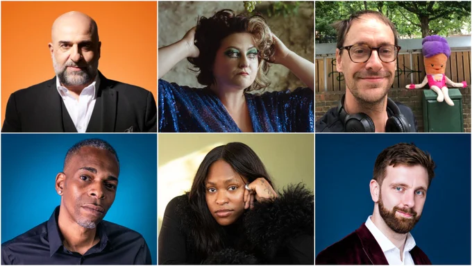 Composite image. A grid of headshots featuring Omid Djalili, Kiri Pritchard-McLean, Alistair Green, Slim, Ayoade Bamgboye, and Pierre Novellie. 