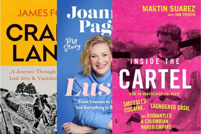 Collage of book covers. (L-R) Craftland by James Fox; Lush! by Joanna Page; Inside the Cartel by Martin Suarez.