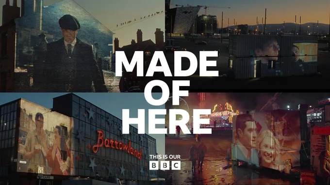 A series of stills of scenes from BBC programmes including Peaky Blinders, Blue Lights, Dinosaur and Gavin & Stacey, being projected on the sides of structures in the places that inspired them across the UK.