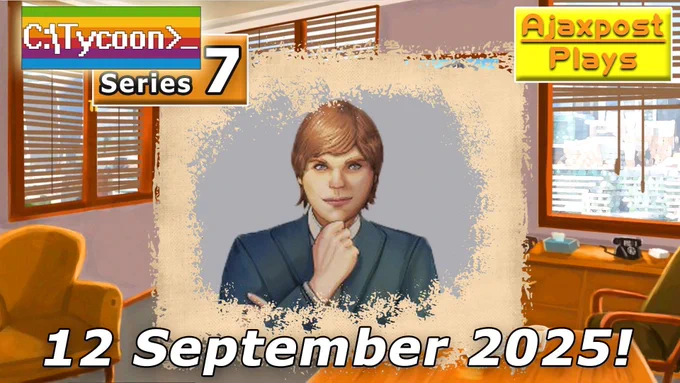 Computer Tycoon Series 7 Release Date Teaser Image
Inside an office with a large drawing of a CEO inside a scruffy frame in the centre with the date 12 September 2025