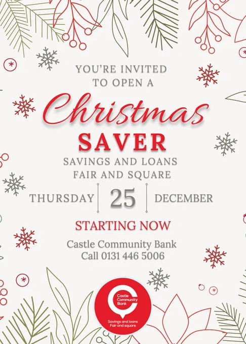 Graphic flyer in style of invitation about Christmas Saver from Castle Community Bank 