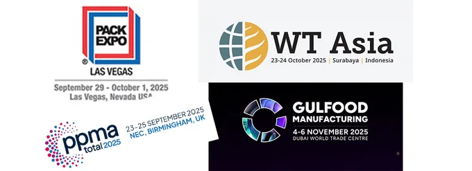 Packaging and Processing Exhibition logos for upcoming shows Marden Edwards will be attending  around the world. 