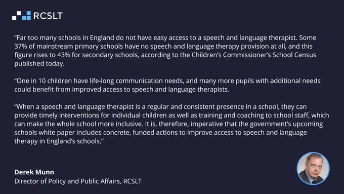 The Royal College of Speech and Language Therapist's logo appears at the top left in white and light blue writing. It appears on a dark blue background. 

A circular photograph of Derek Munn appears at the bottom right. He has short blond hair. He wears a grey jacket, dark blue tie, and blue and yellow check patterned shirt. 