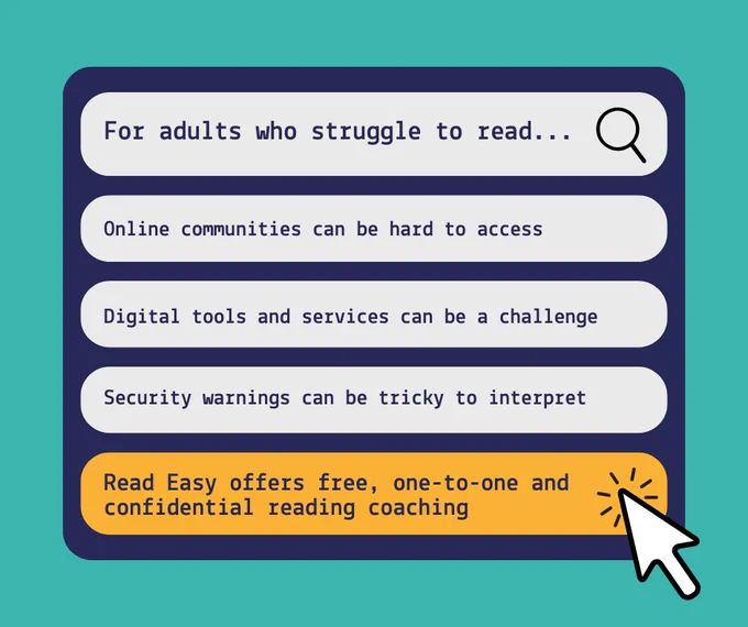 A graphic in teal and dark blue which represents the drop-down menu of a search engine. Someone has started typing ‘For adults who struggle to read…’ and the suggestions are: Online communities can be hard to access, Digital tools and services can be a challenge, Security warnings can be tricky to interpret, and Read Easy offers free, one-to-one and confidential reading coaching