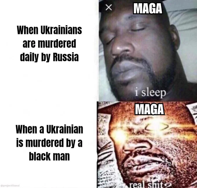   
This meme features a two-panel format. The first panel shows a person with their eyes closed, indicating indifference with the text "i sleep," juxtaposed against the second panel where the same person has glowing eyes, conveying surprise or alertness with the text "real shit?" Both panels include "MAGA," highlighting contrasting reactions to violence against Ukrainians based on the perpetrator's identity. The meme critiques perceived inconsistencies in responses to different types of violence.  
