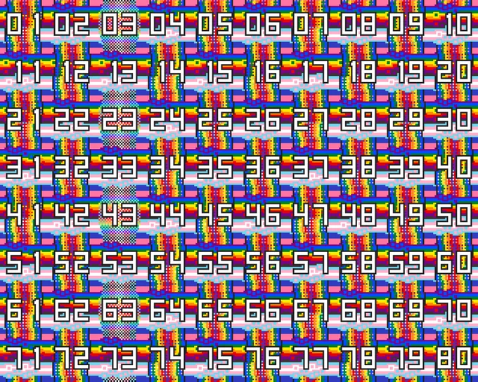 pixel art shows the numerals 1 through 80 over a background of genderfluid pride flag colors. each number is on a section of a ribbon shape creating a woven appearance, with rainbow and transgender pride flag colors and various textures.