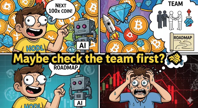 Cartoon meme showing a person excitedly looking at a robot labeled AI saying ‘Next 100x coin!’, next panel shows the same person panicking as the coin dumps 20%, thinking about the team and roadmap. Bright, colorful, noisy meme style with bold captions.