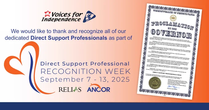 This image has a white-to-orange gradient fade from left-to-right in the background, with an image of the Governor's proclamation at right. At left is the VFI logo and DSP Recognition Week logo, in lieu of text, reading in total: "Voices for Independence would like to thank and recognize all of our dedicated Direct Support Professionals as part of DSP Recognition Week."