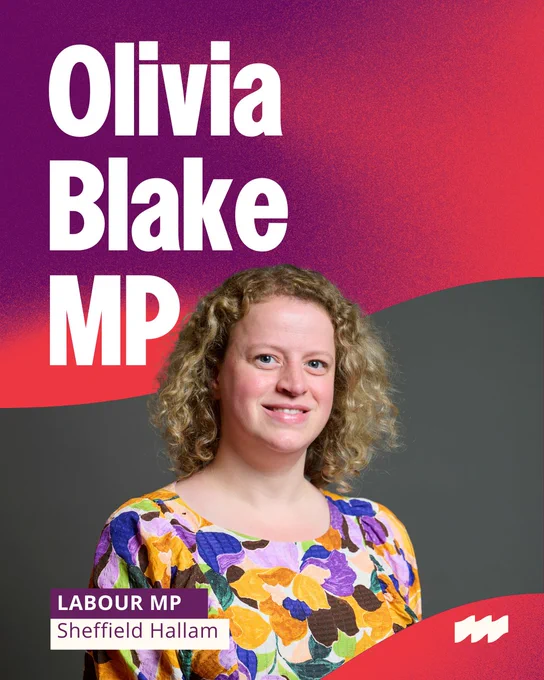 Olivia Blake MP smiling behind a grey background with her title in the foreground: Labour MP, Sheffield Hallam