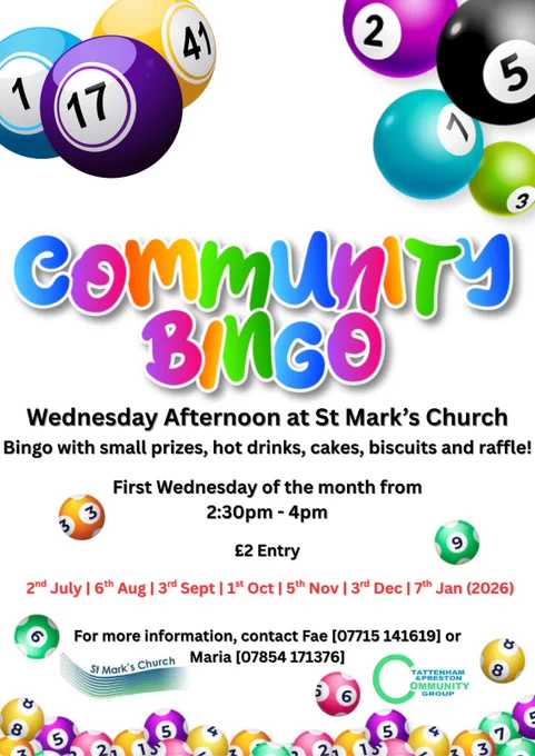 Colourful flyer for Community Bingo at St Mark’s Church, Caterham. Bingo with prizes, drinks, cakes, biscuits and a raffle. First Wednesday of each month, 2:30 to 4pm. £2 entry. Dates listed from July 2025 to January 2026. Contact Fae or Maria for details.