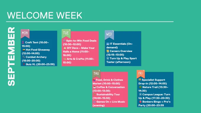 Green background with the welcome week events on. Text reads: Welcome week, September 