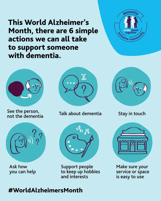 An infographic that says,
"This World Alzheimers Month, there are 6 simple actions we can all take to support someone with dementia:
- See the person, not the dementia
- Talk about dementia
- Stay in touch
- Ask how you can help
- Support them to keep up hobbies and interests
- Make sure your service or space is easy to use"