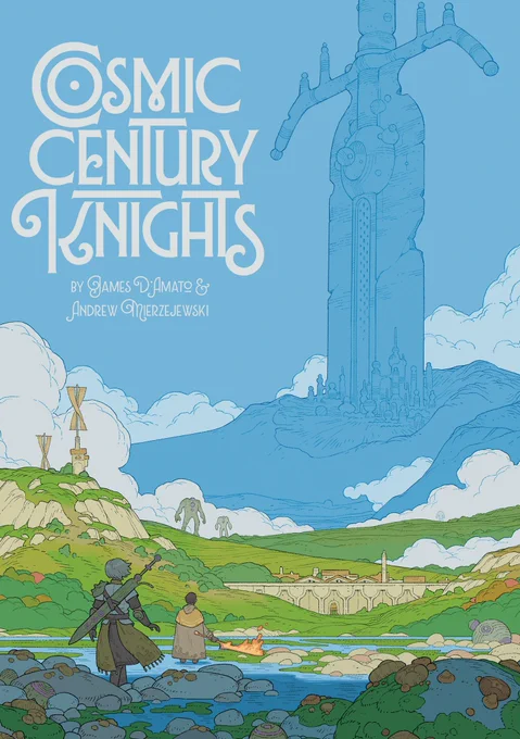 Cosmic Century Knights cover by Ben McEntee

Game Designers James D'Amato and Drew Mierzejewski

Two adventurers stand in a lush wetland i front of a quint hamlet. One has a flaming sword drawn a s the look past the hamlet towards two menacing giants.

Behind the giants are rolling green hills before a towering mountain range. A gigantic futuristic sword is lodged in the mountain with a wonderful city built around where the blade meets the mountains.