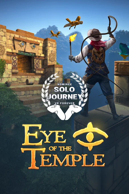 Vertical cover art for Eye of the Temple with an overlaid badge saying Nominee Solo Journey VR Forever.