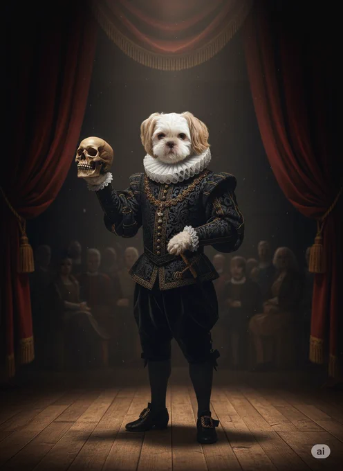 A white and brown Shih Tzu dressed as a Shakespearean actor holding a skull in his hand. 