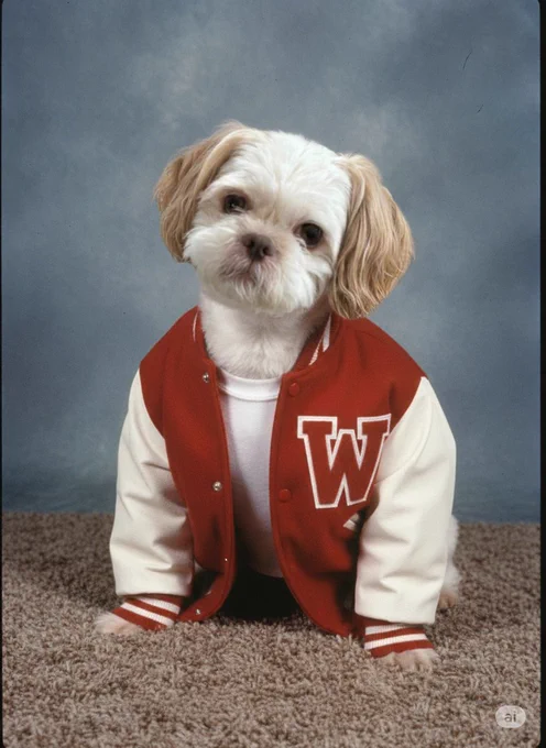A white and brown Shih Tzu dressed up in a letterman jacket against a blue-gray backdrop. 
