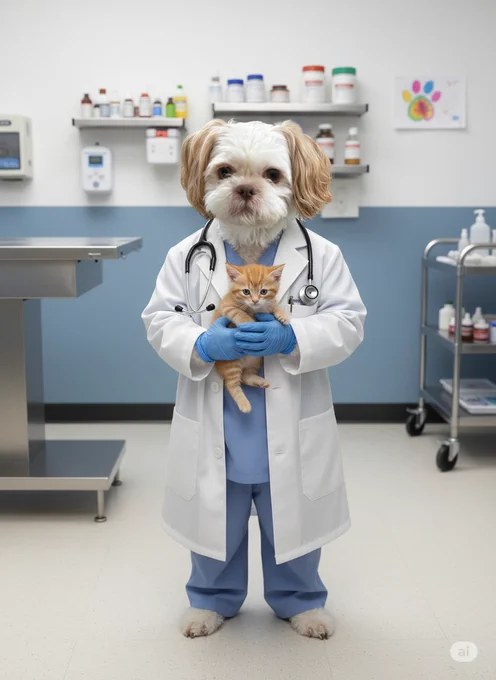 A white and brown Shih Tzu dressed as a vet while holding an orange cat in a veterinarian's office. 