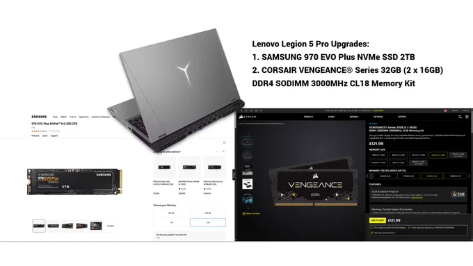 My Lenovo Legion 5 Pro system upgrades... Soon : 

1⃣ SAMSUNG 970 EVO Plus NVMe™ M.2 SSD 2TB

🔗: https://www.samsung.com/uk/memory-storage/nvme-ssd/970-evo-plus-nvme-m-2-ssd-2tb-mz-v7s2t0bw/?msockid=3244034860c562d617ac17c061e26326

2⃣ CORSAIR VENGEANCE® Series 32GB (2 x 16GB) DDR4 SODIMM 3000MHz CL18 Memory Kit

🔗: https://www.corsair.com/uk/en/p/memory/cmsx32gx4m2a3000c18/vengeancea-series-32gb-2-x-16gb-ddr4-sodimm-3000mhz-cl18-memory-kit-cmsx32gx4m2a3000c18

#LenovoLegion #Samsung #Corsair #Laptop #PC 
