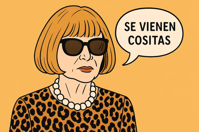 Dibujo de una mujer que se parece a Anne Wintour, de Vogue, con un mensaje en un bocadillo que dice "Se vienen cositas"