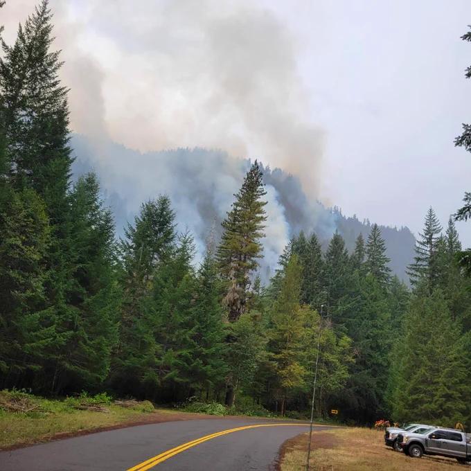 Smoke visible from a wildfire next to a road.