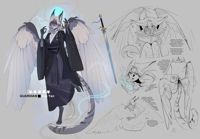A illustration depicting a mythical humanoids creature with wings and fix ears. Beside her are a collection of notes and illustrations regarding her habits and appearance.

1: "Somewhat of a hopeless romantic, Xue finds herself easily enraptured in romance novels, finding guilty pleasure even in the most cliche of pulp fiction. Though she'd never admit it aloud, she's spent many a night giggling and kicking her feet at fictional characters, kissing."

2: "Rather than opt for the commonly used clothing slit for wing and tail accommodation, Xue's love of flowers non form fitting clothing prefers an additional sleeve sewn in. Does not show base of tail or wings."

3: "Xue's power noteably manifested under the rat as illusionary magic."

4: "In order to maintain cleanliness creatures with feathered wings must preen their feathers several times a day, sometimes requiring hours of work. For more effective preening: bathing for a short time can make it easier to loosen dirt and debris."