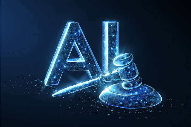 Kuvituskuvassa tuomarin nuija, jonka takana isolla kirjaimet A I (artificial intelligence, tekoäly)