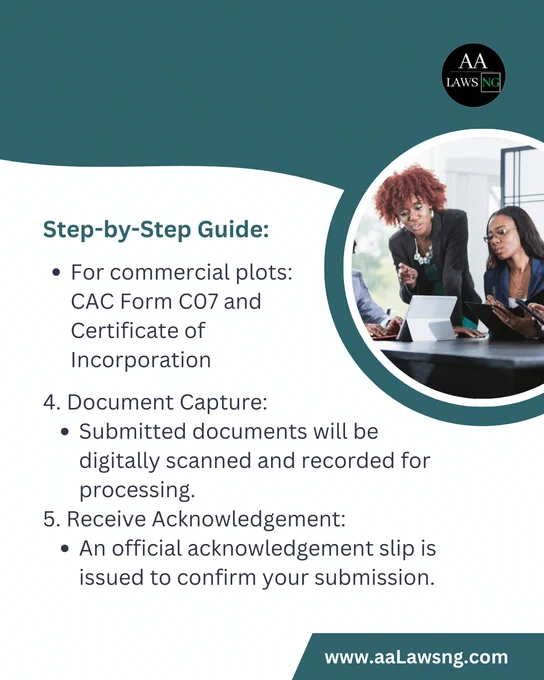 Step-by-Step Guide:
For commercial plots: CAC Form C07 and Certificate of Incorporation
4. Document Capture:
Submitted documents will be digitally scanned and recorded for processing.
5. Receive Acknowledgement:
An official acknowledgement slip is issued to confirm your submission.
www.aaLawsng.com

