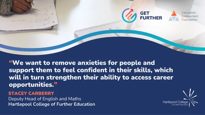 “We want to remove those anxieties for people and support them to feel confident in their skills." 
Stacey Carberry (Deputy Head of English and Maths)

We have partnered with @get_further to deliver 1 to 1 tutoring in GCSE English and maths.

Read more: bit.ly/hcfeGetFurther