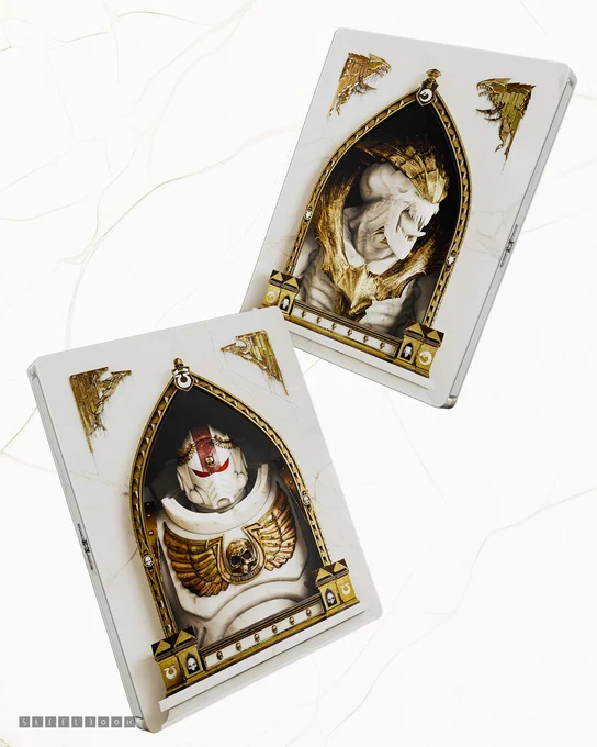 A shot of a Space Marine 2–themed SteelBook case. The design shows a white and gold armored Titus framed in a gothic arch with golden wings and skull motifs. The other side of the Steel Book shows a Tyranid in the same colors and decor as Titus. The two images are displayed on a marble-like background.
