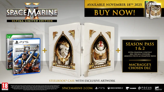 Beauty shot gathering all the elements of the Ultima Edition of Space Marine 2: Base game either on Xbox or PS5, the SteelBook, the Season PAss 1 and 2 and the Macragge's Chosen DLC.