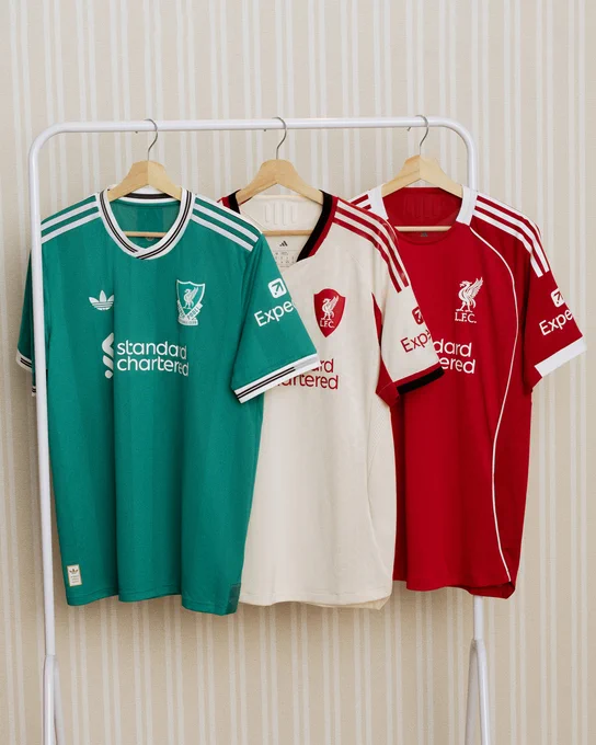A photo of Liverpool's third, away and home kit for the 25/26 season
