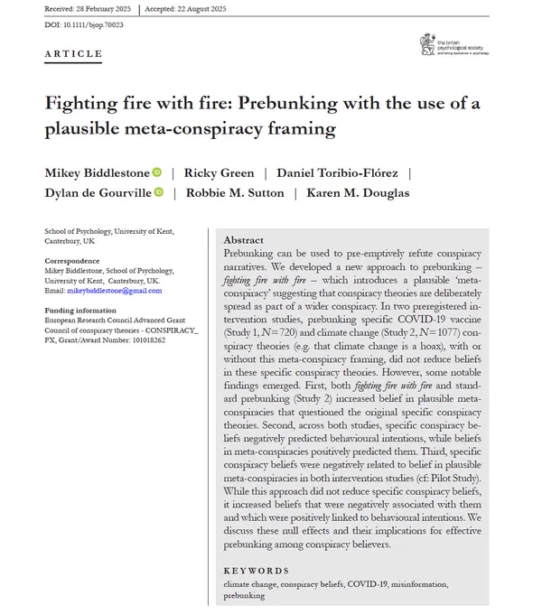 Landing page for our article "Fighting fire with fire: Prebunking with the use of a plausible meta-conspiracy framing" published in the British Journal of Psychology.