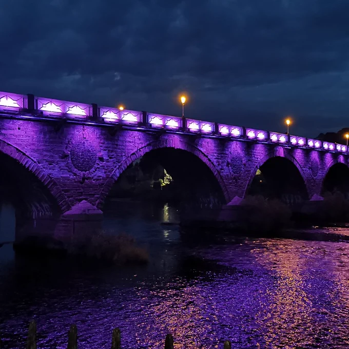 buildings lit up purple for pancreatic cancer awareness