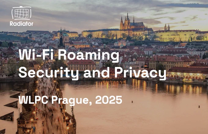 White text "Wi-Fi Roaming Security and Privacy | WLPC Prague, 2025" with Prague city line as background