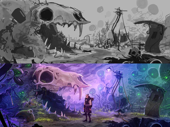 Two versions of a skull cave scene. The top one is a greyscale sketch, details only loosely blocked in. The bottom one has full colours and details painted in.