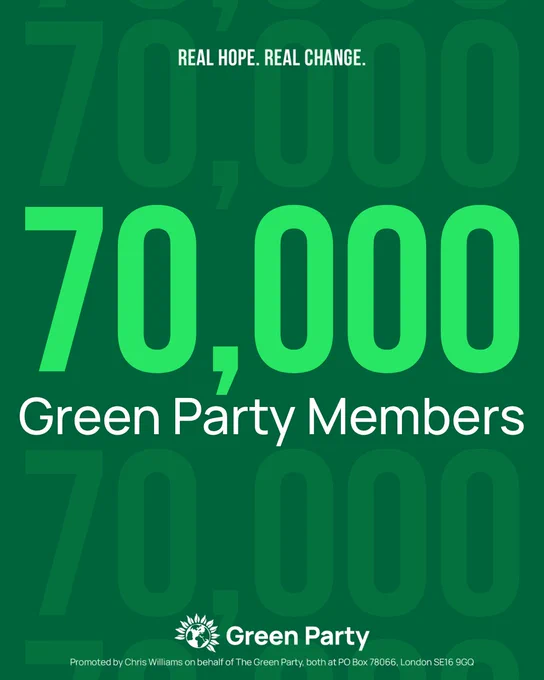 Green writing on dark green background reading: 70,000 Green Party Members 
