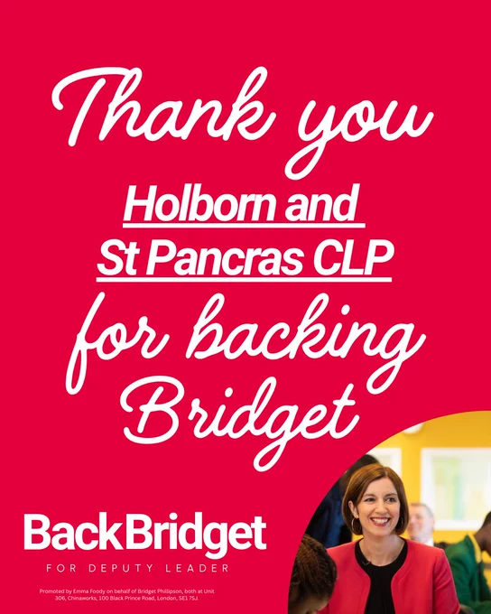 
Graphic with text: Thank you Holborn and St Pancras CLP for backing Bridget. There is a picture of Bridget below that and the BackBridget campaign logo.
