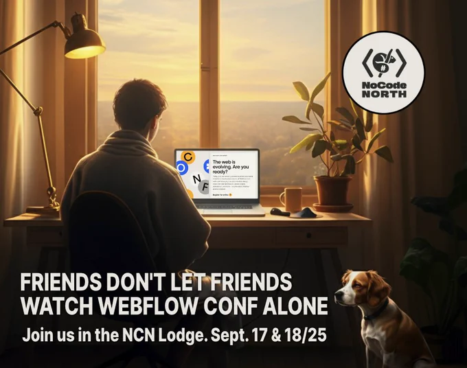 a single person with their back to the camera watches Webflow Conf a laptop computer on their desk, with a sunny day visible through a window. a cute but sad-looking dog watches the person, suggesting that the person is also lonely and should visit the No Code North lodge to watch the online conference with friends