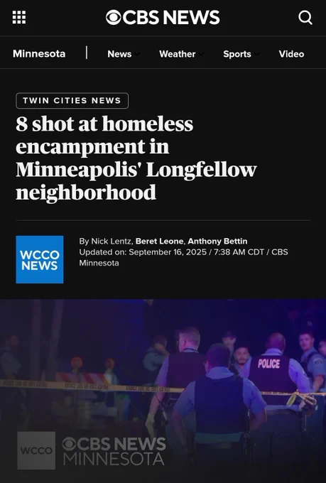 Photo of CBS News headline describing people shot at a local Minneapolis encampment.
