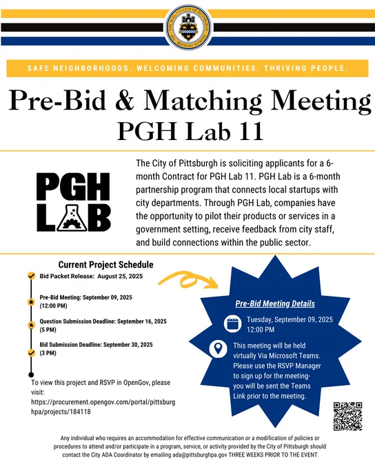 PGH Lab 11 announcement of application cycle and Pre-Bid meeting. Application open August 25th, Pre-Bid meeting September 9th at 12pm and Application close on September 30th.